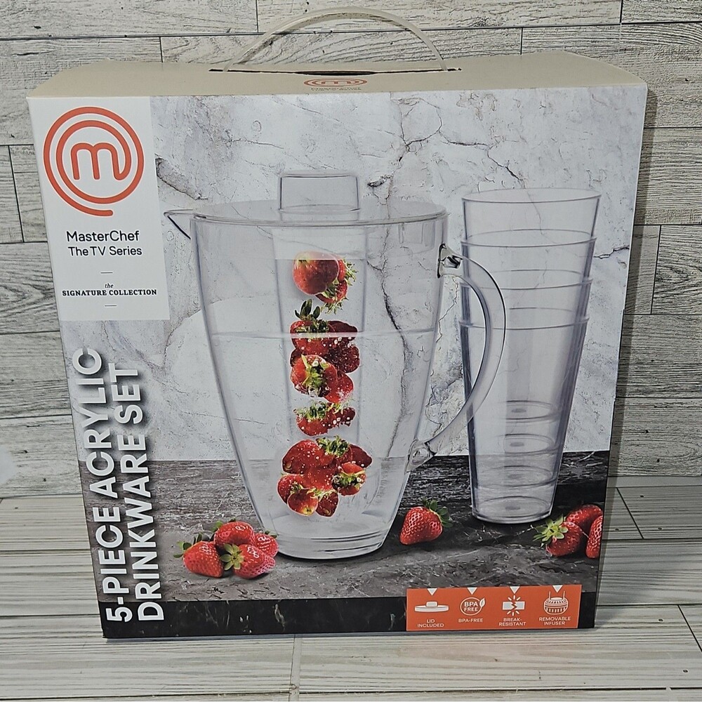 MasterChef 5pc Clear Acrylic Pitcher & Tumblers Set 74oz/20oz Lid Infuser